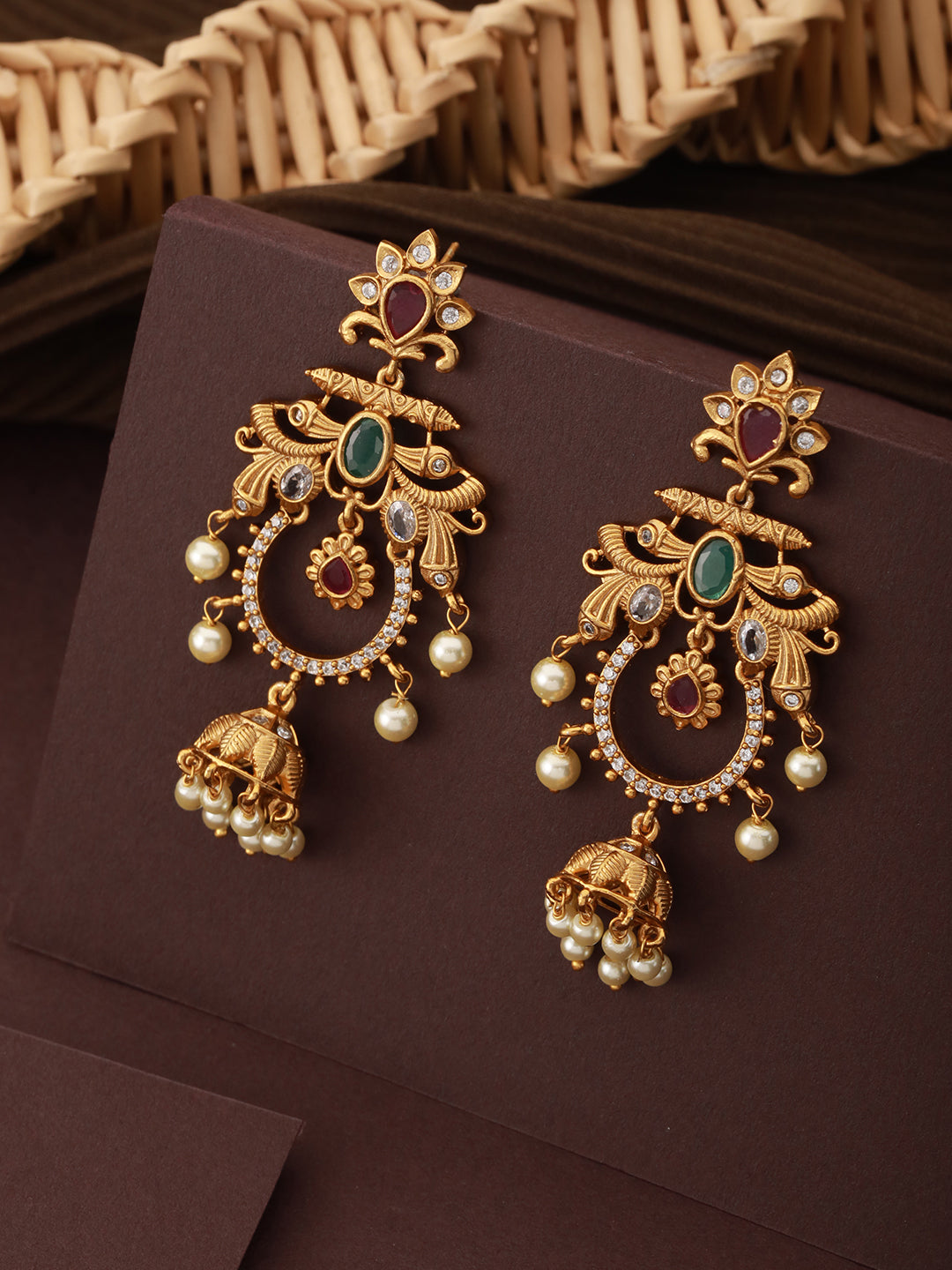 Gold Plated CZ Studded Floral Chandbali Earrings