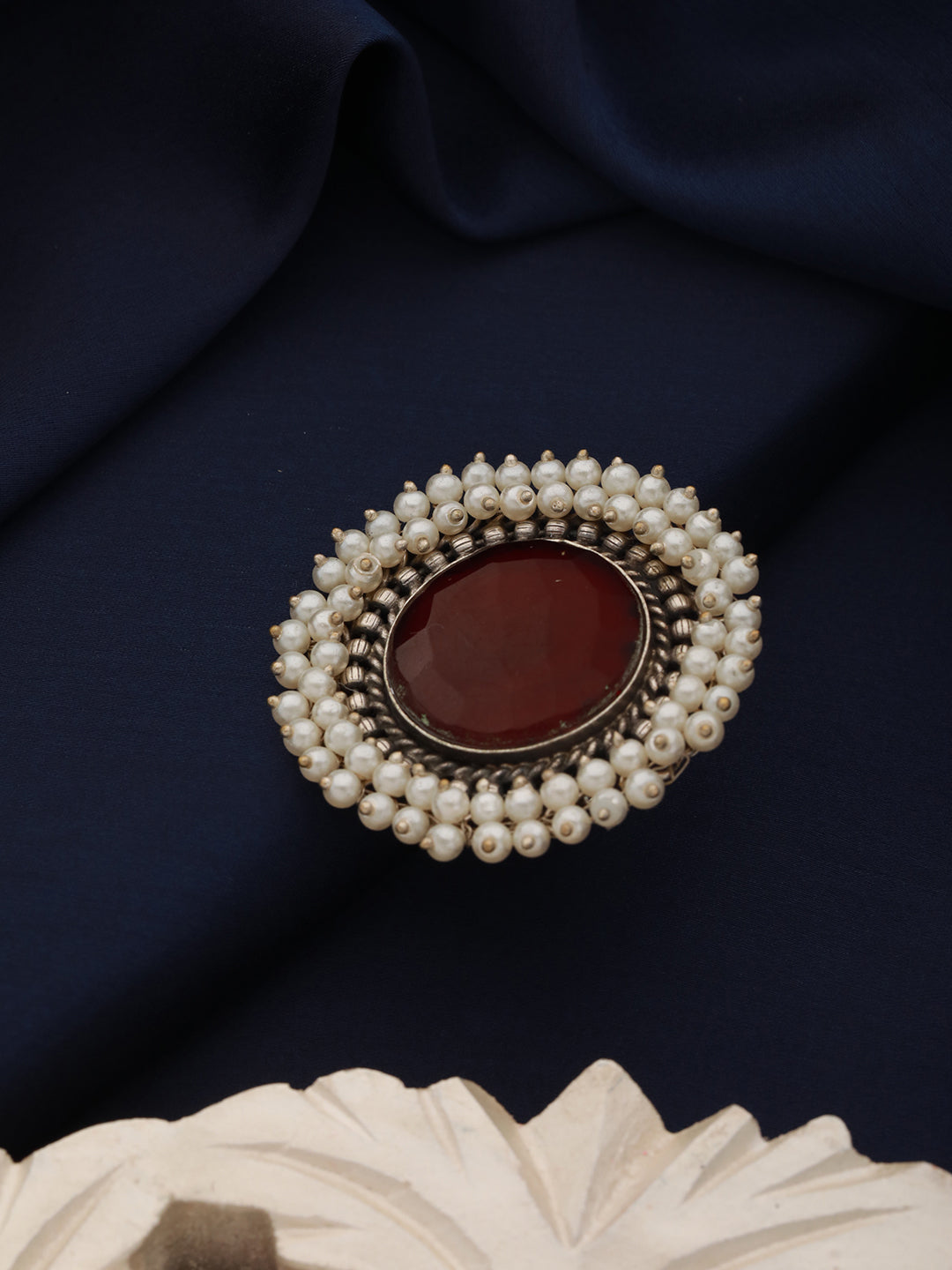 Silver Plated Oxidised Red Ruby Pearl Beaded Adjustable Finger  Ring