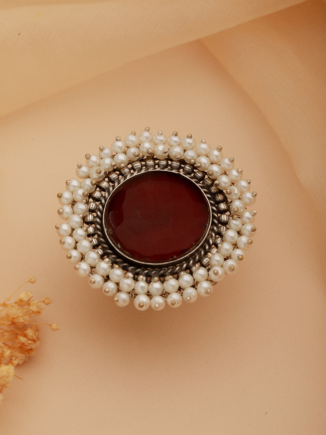 Silver Plated Oxidised Red Ruby Pearl Beaded Adjustable Finger  Ring
