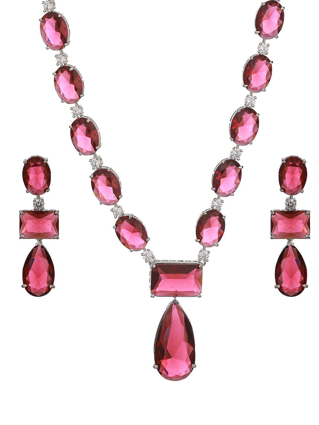 Silver Toned Red Ruby Designer Patywear  Necklace Jewellery Set