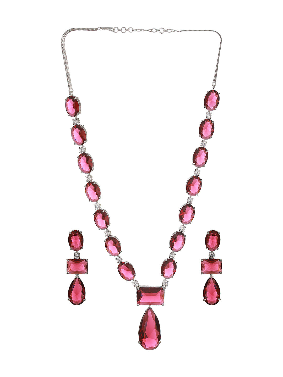 Silver Toned Red Ruby Designer Patywear  Necklace Jewellery Set