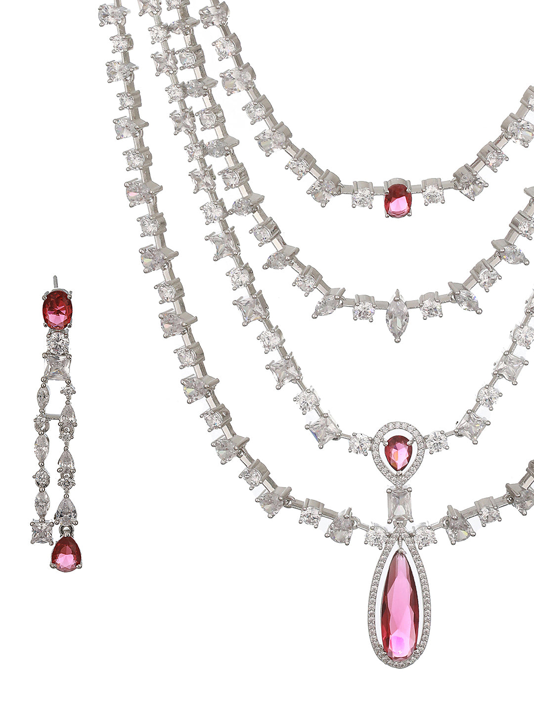 Silver Toned Red AD Multilayered Designer Bridal Jewellery Set