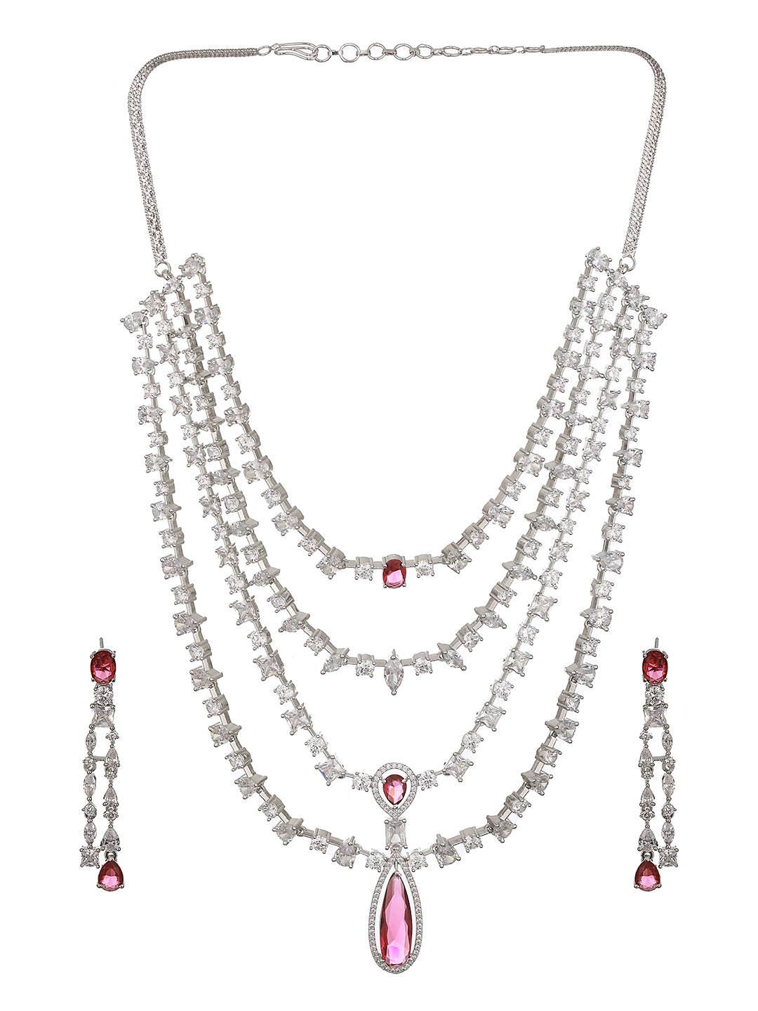 Silver Toned Red AD Multilayered Designer Bridal Jewellery Set