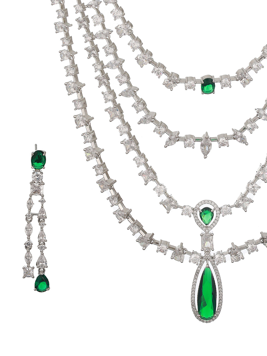 Silver Plated Green AD Multilayered Luxe Bridal Jewellery  Set