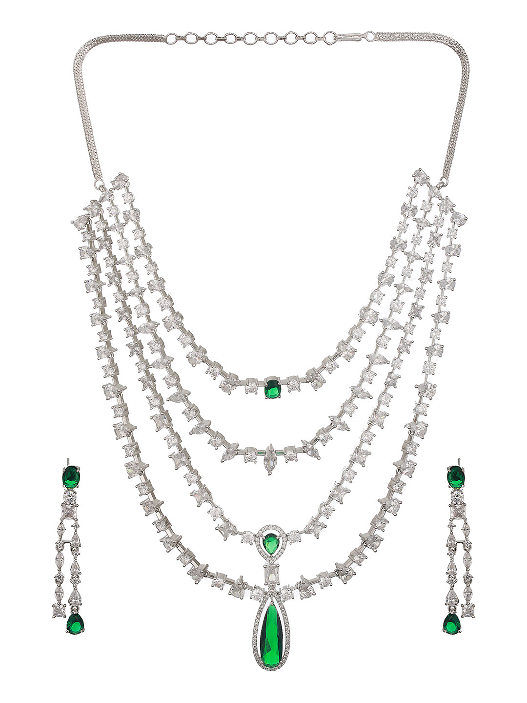 Silver Plated Green AD Multilayered Luxe Bridal Jewellery  Set