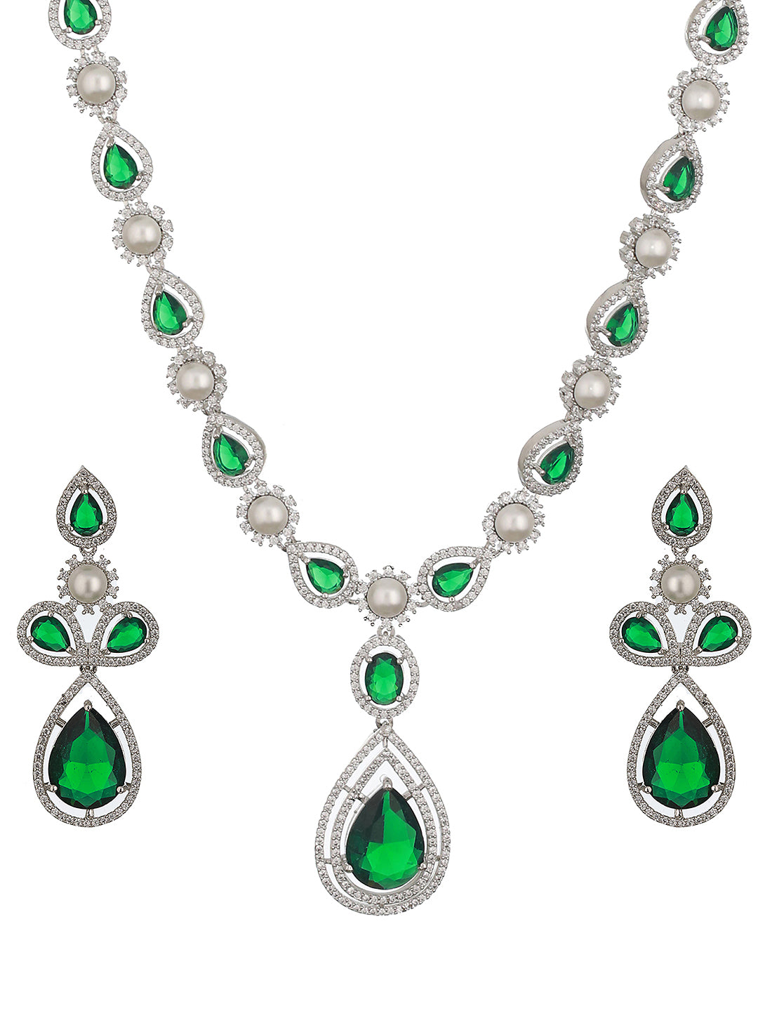Silver Toned Green AD & Pearl Beaded Minimal Designer Jewellery Set