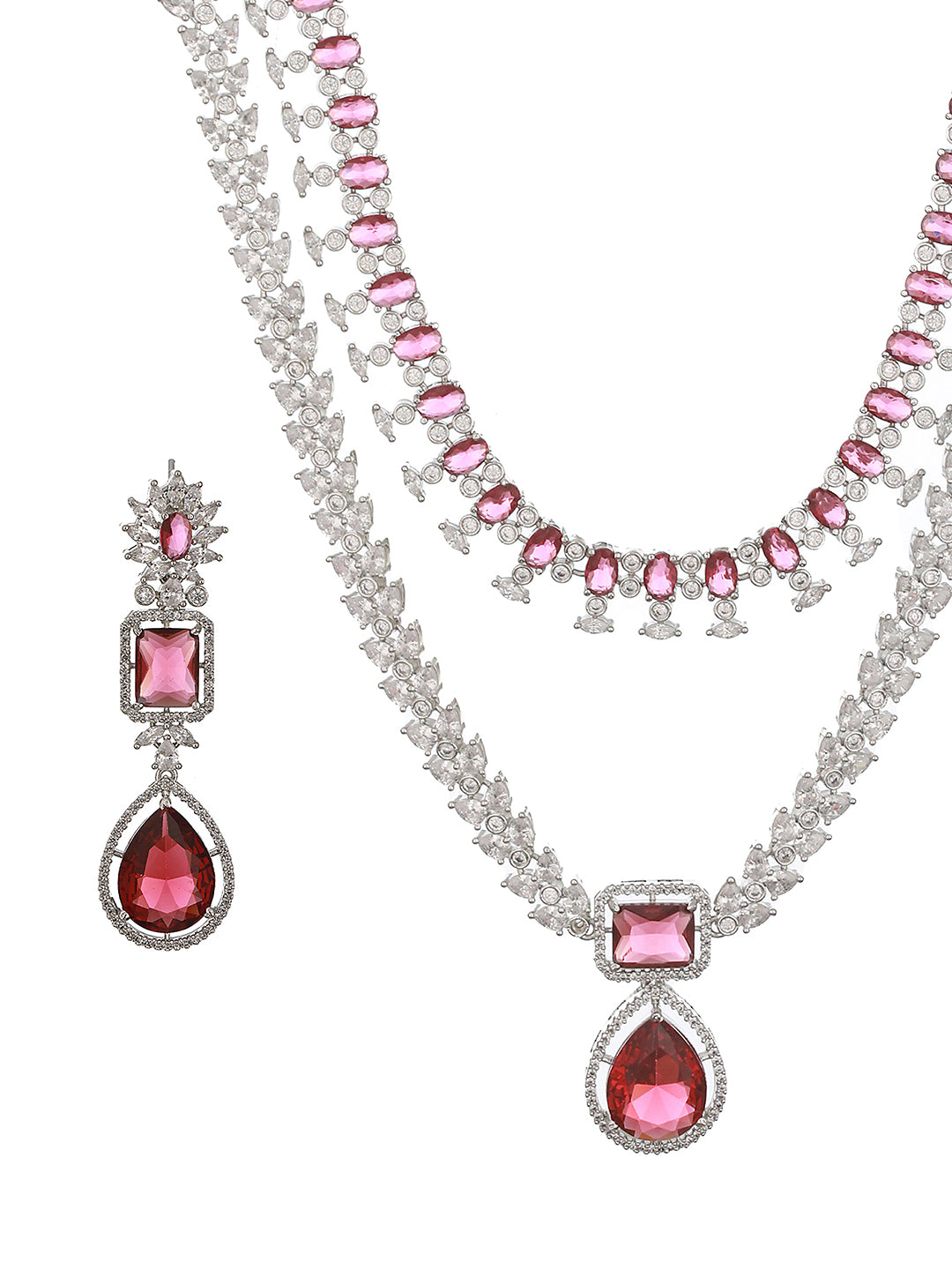Silver Plated Red Ruby Studded Double lined Modern Bridal Jewellery Set