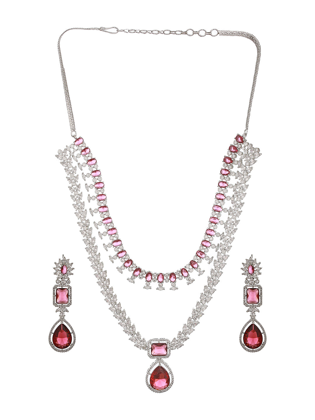 Silver Plated Red Ruby Studded Double lined Modern Bridal Jewellery Set