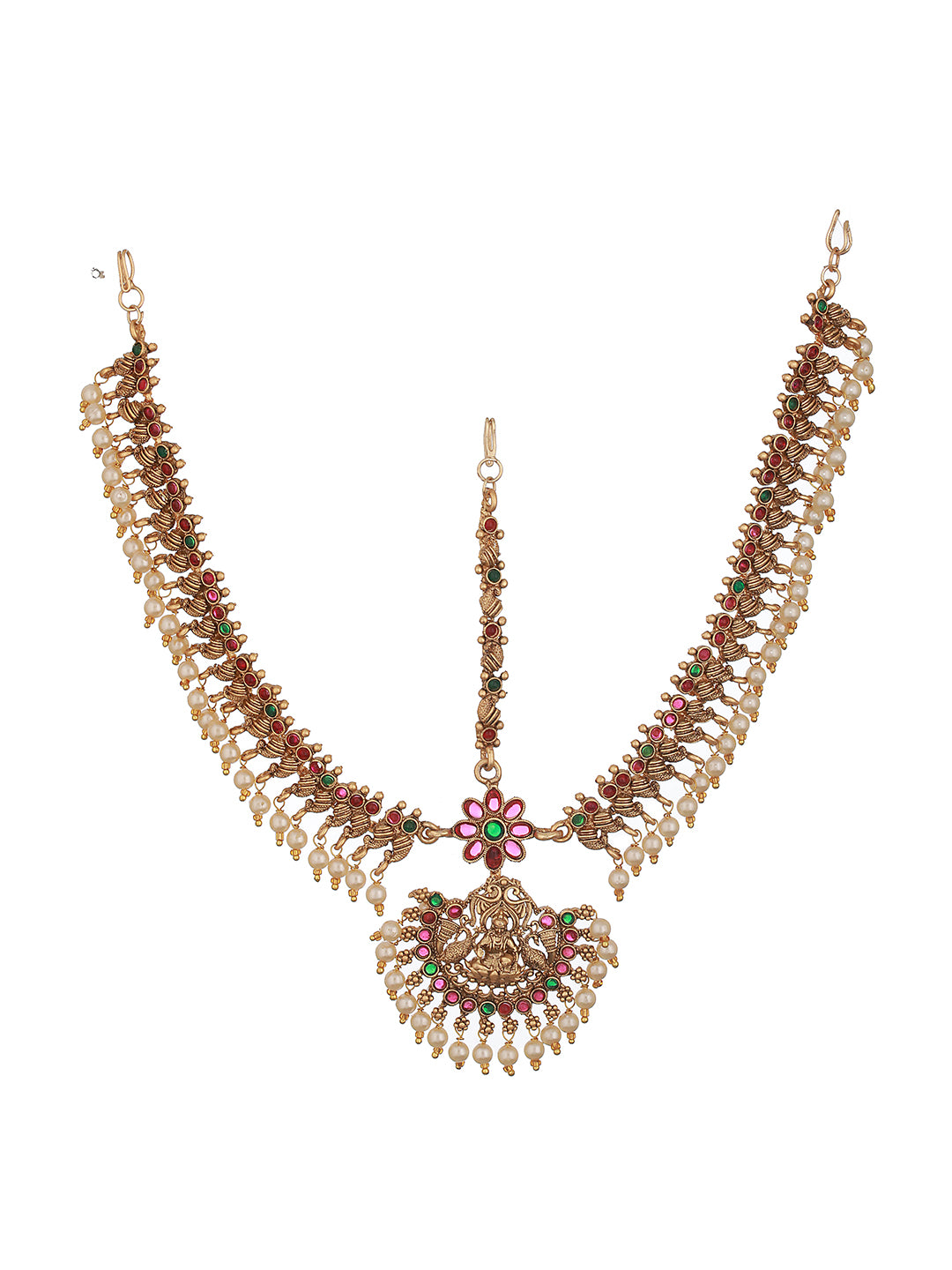 Gold Plated Kempo Studded & Pearl Beaded Bridal Antique Temple Damini Matha Patti