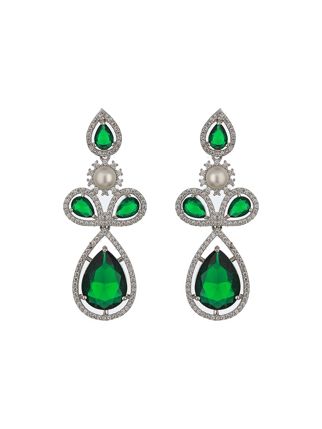 Silver Toned Green AD & Pearl Beaded Minimal Designer Jewellery Set