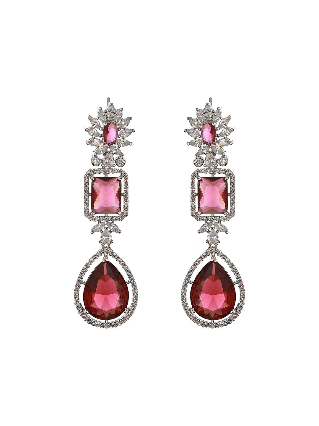 Silver Plated Red Ruby Studded Double lined Modern Bridal Jewellery Set