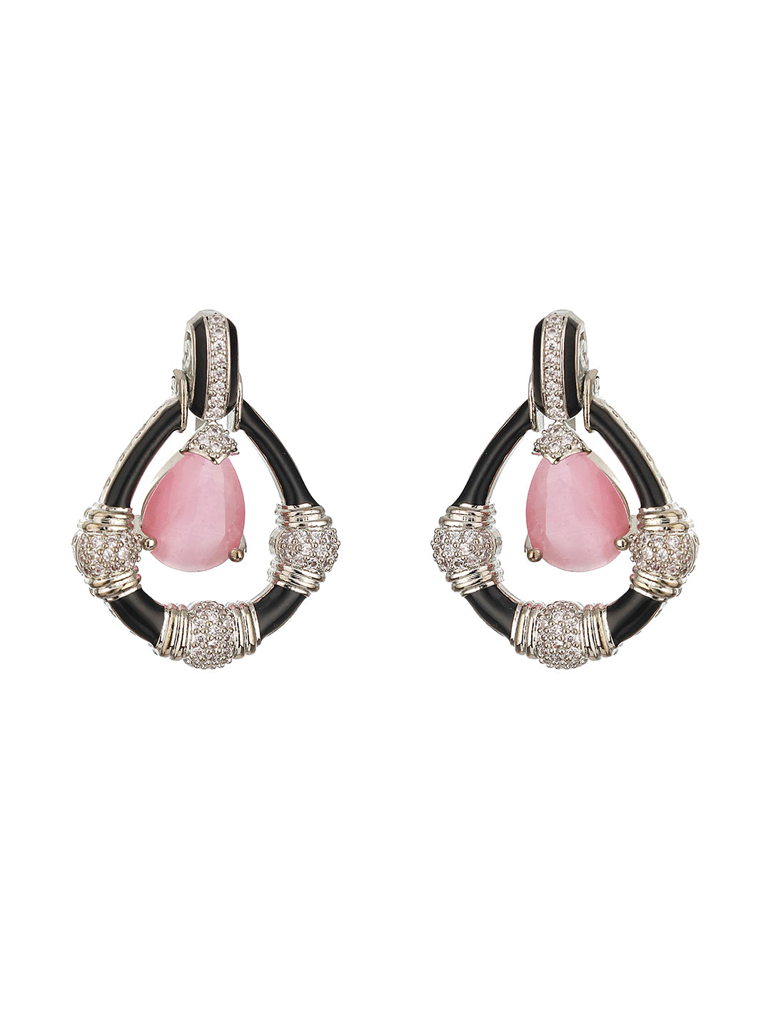 Black Enamelled Pink AD Minimal Tear Shaped Designer Earrings