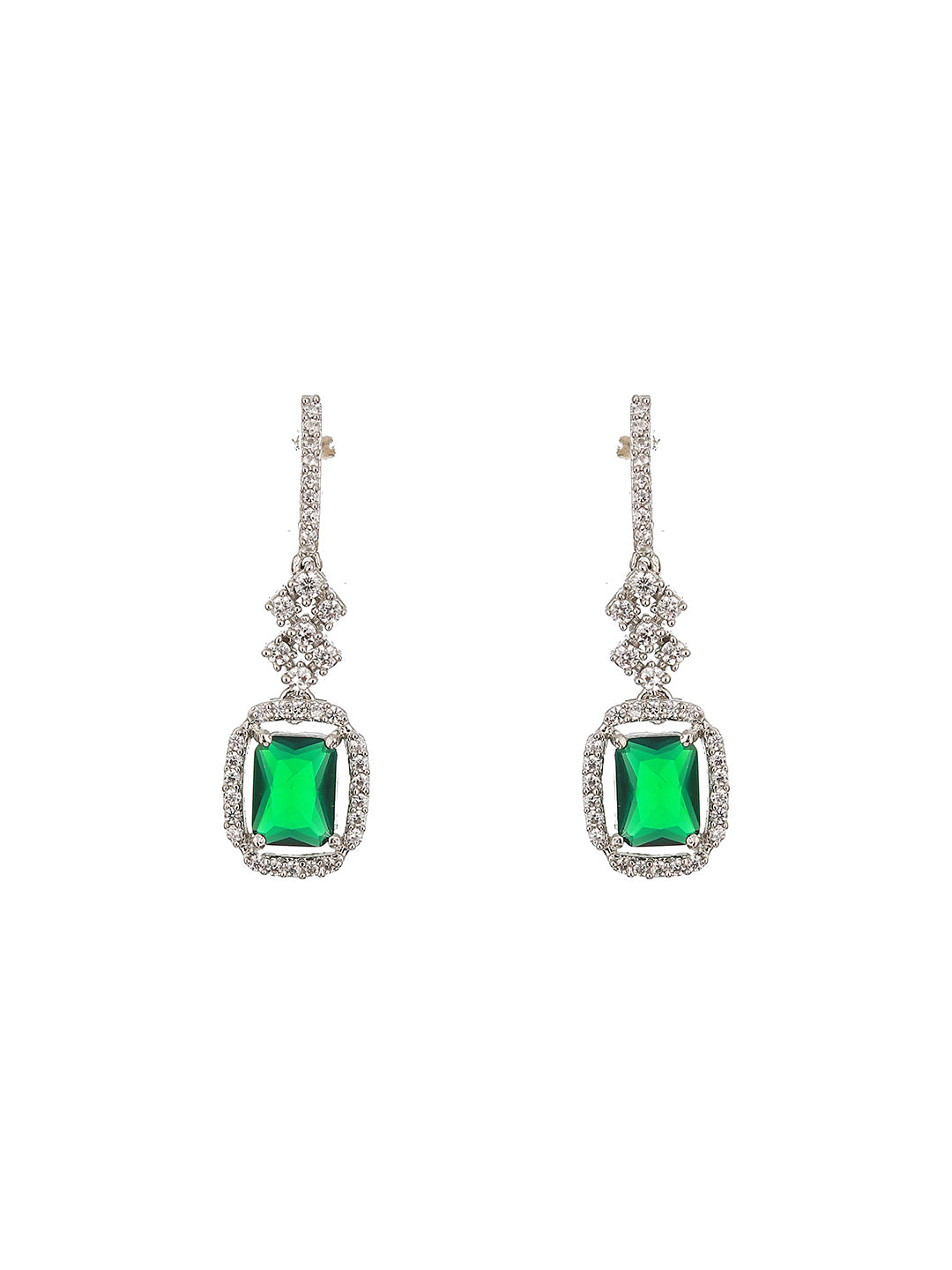 Silver Plated Green AD Minimal Dailywear Drop Earring