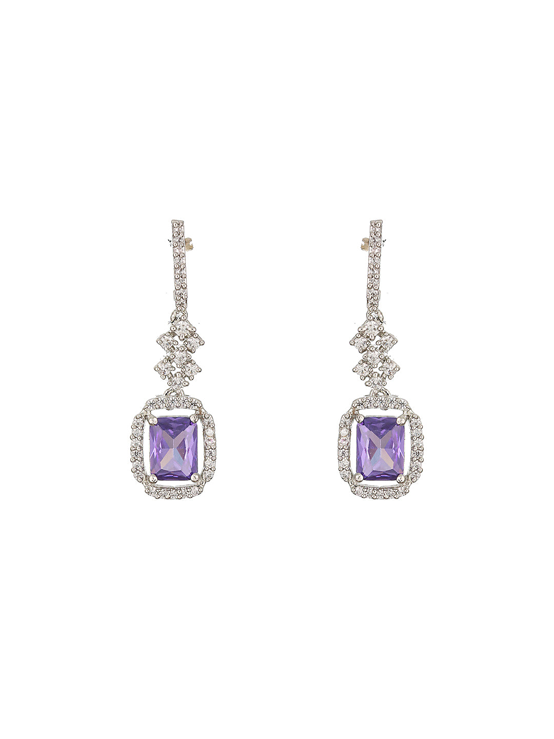 Silver Plated Lavender AD studded Minimal Officewear Drop Earrings