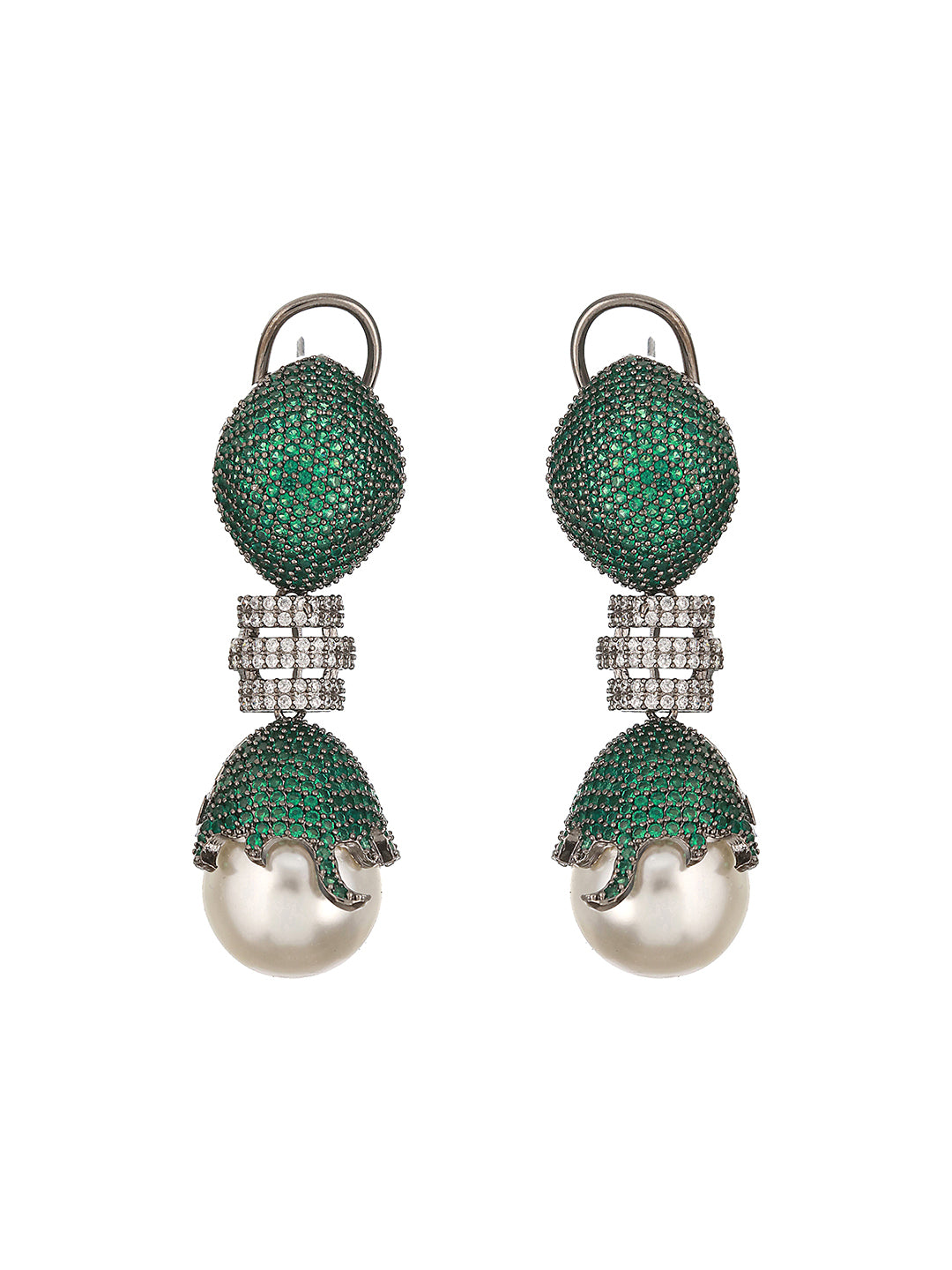 Green AD & Pearl Beaded Designer Luxe Drop  Earrings