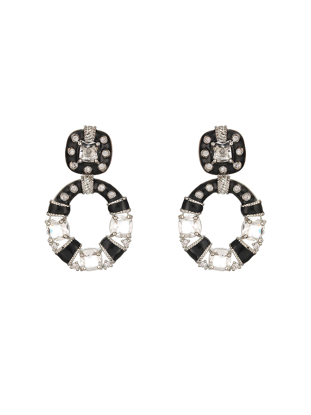 Black Enamelled White AD Studded Minimal Designer Chandbali Earring