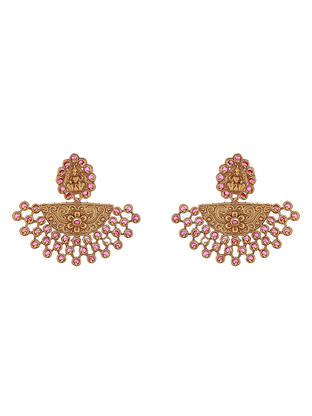 Gold Plated Red Stones Temple Lakshmiji Chandbali earrings