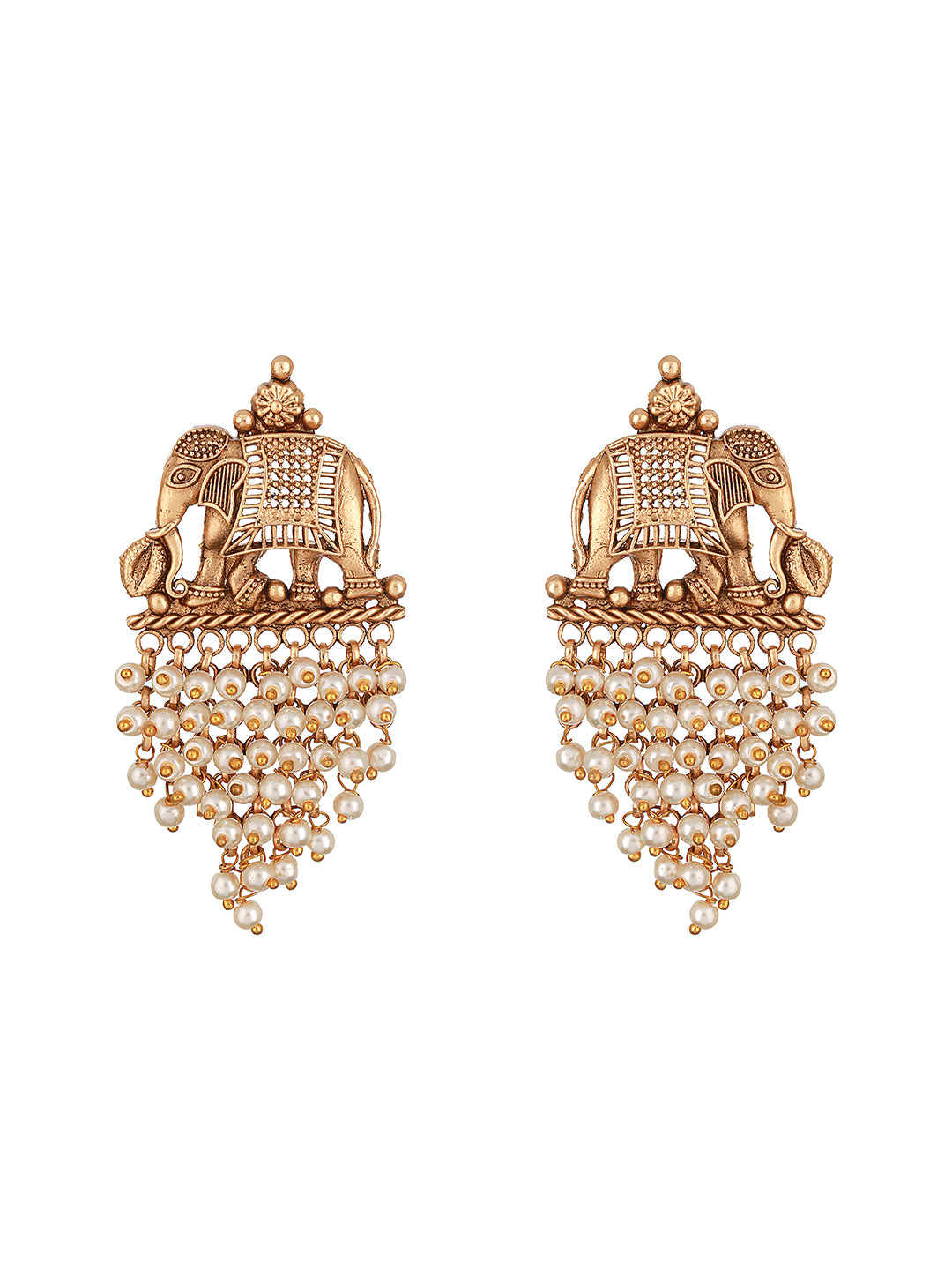 Gold Plated Pearl Beaded Temple Eleplant Motif Designer Earrings