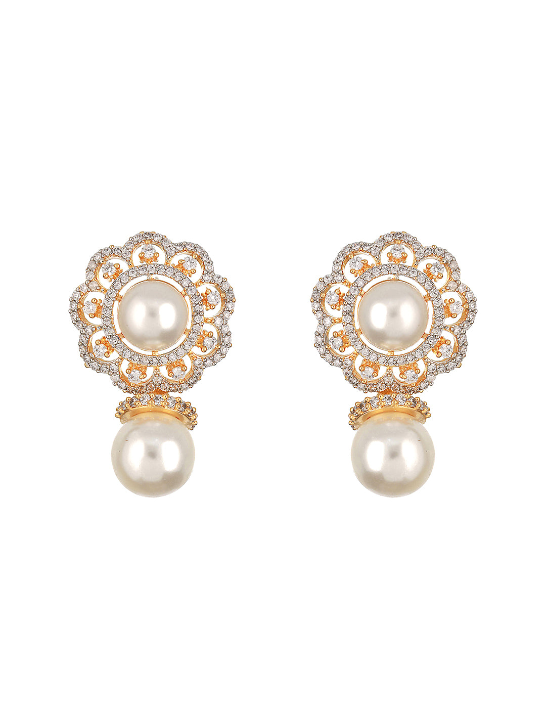 Gold Toned Ad & Pearl Beaded Floral Designer Studds Earrings