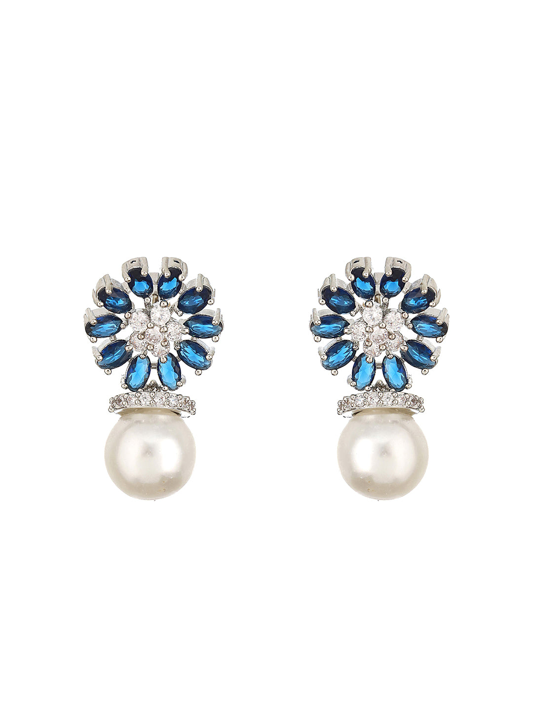 Silver Plated Blue  AD & Pearl Beaded Floral Earrings
