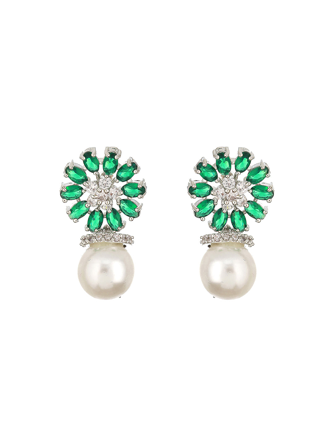 Silver Plated Green  AD & Pearl Beaded Floral Earrings