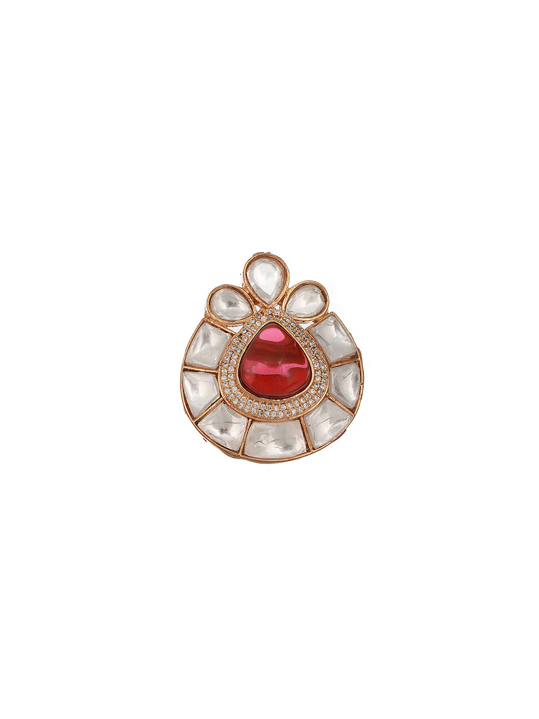 Gold Toned Red Polki Kundan Luxe Adjustable Engagement Finger Ring