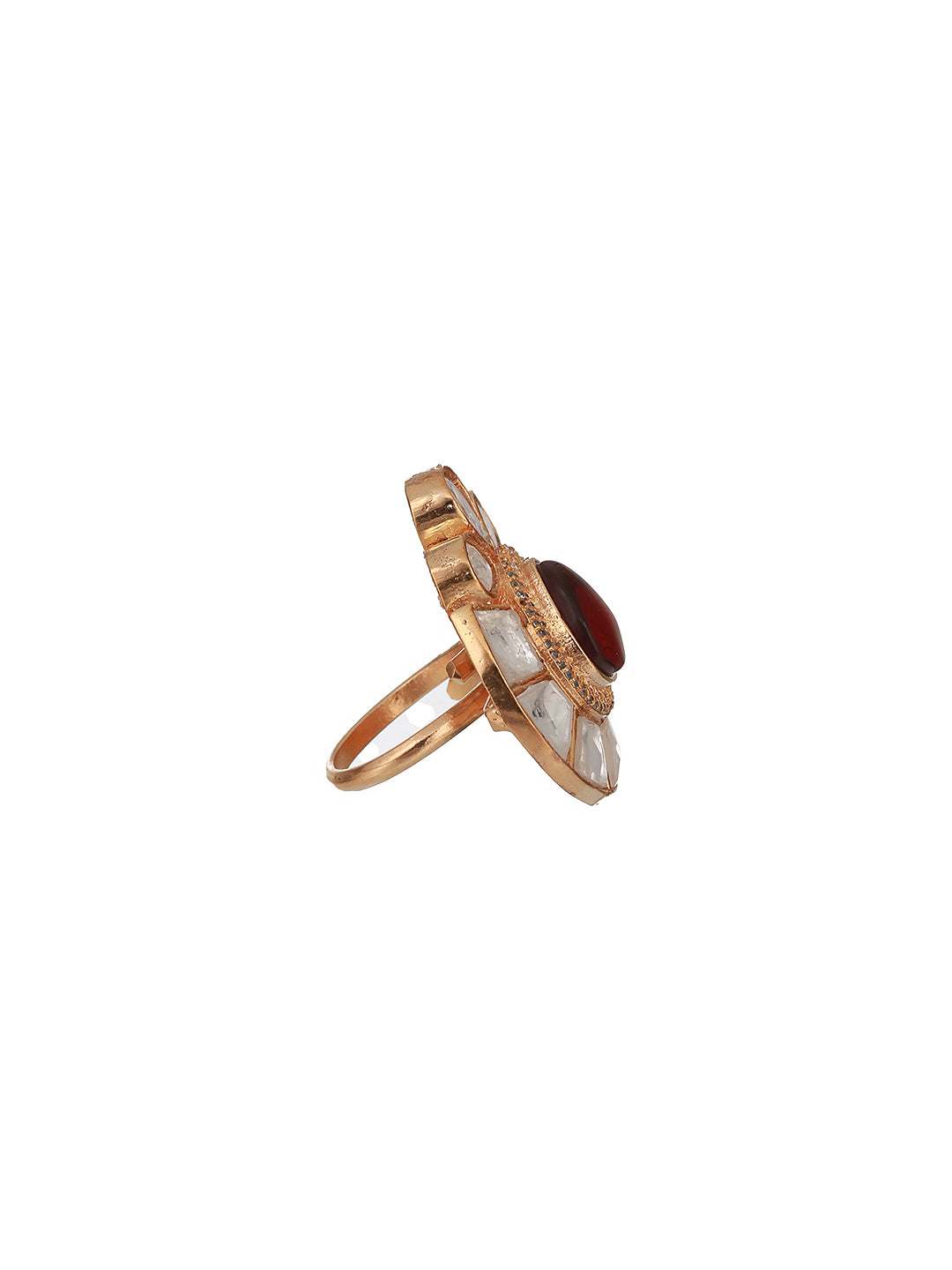Gold Toned Red Polki Kundan Luxe Adjustable Engagement Finger Ring
