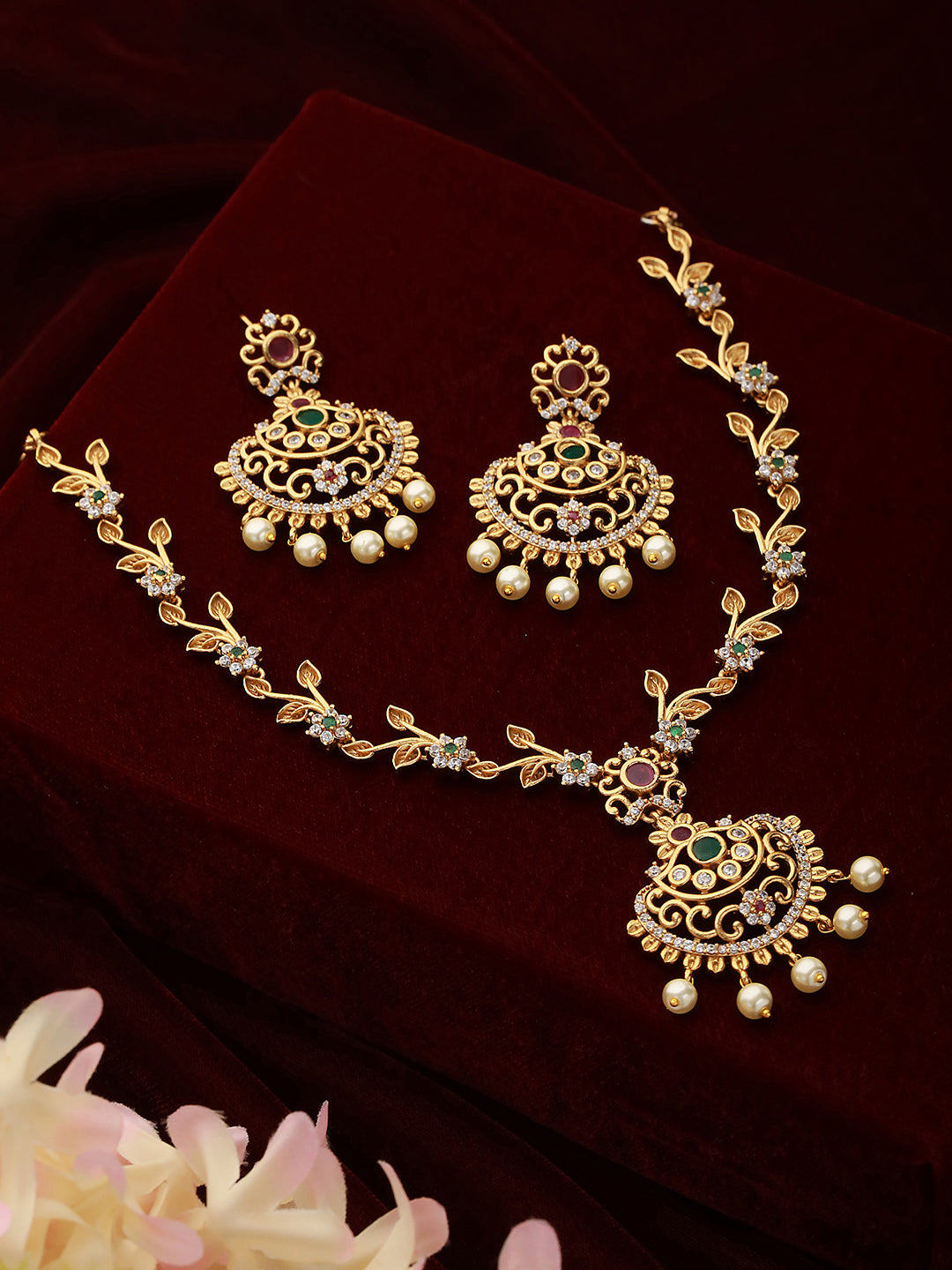 Gold Plated CZ Studded Floral Necklace Jewellery Set