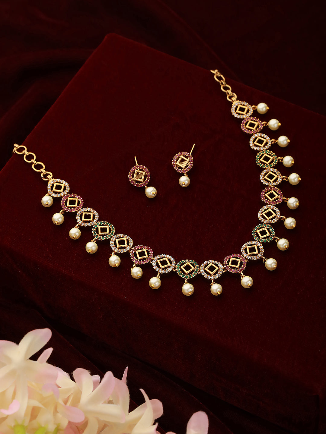 Gold toned Zircon Studded Geometric Minimal Jewellery Set