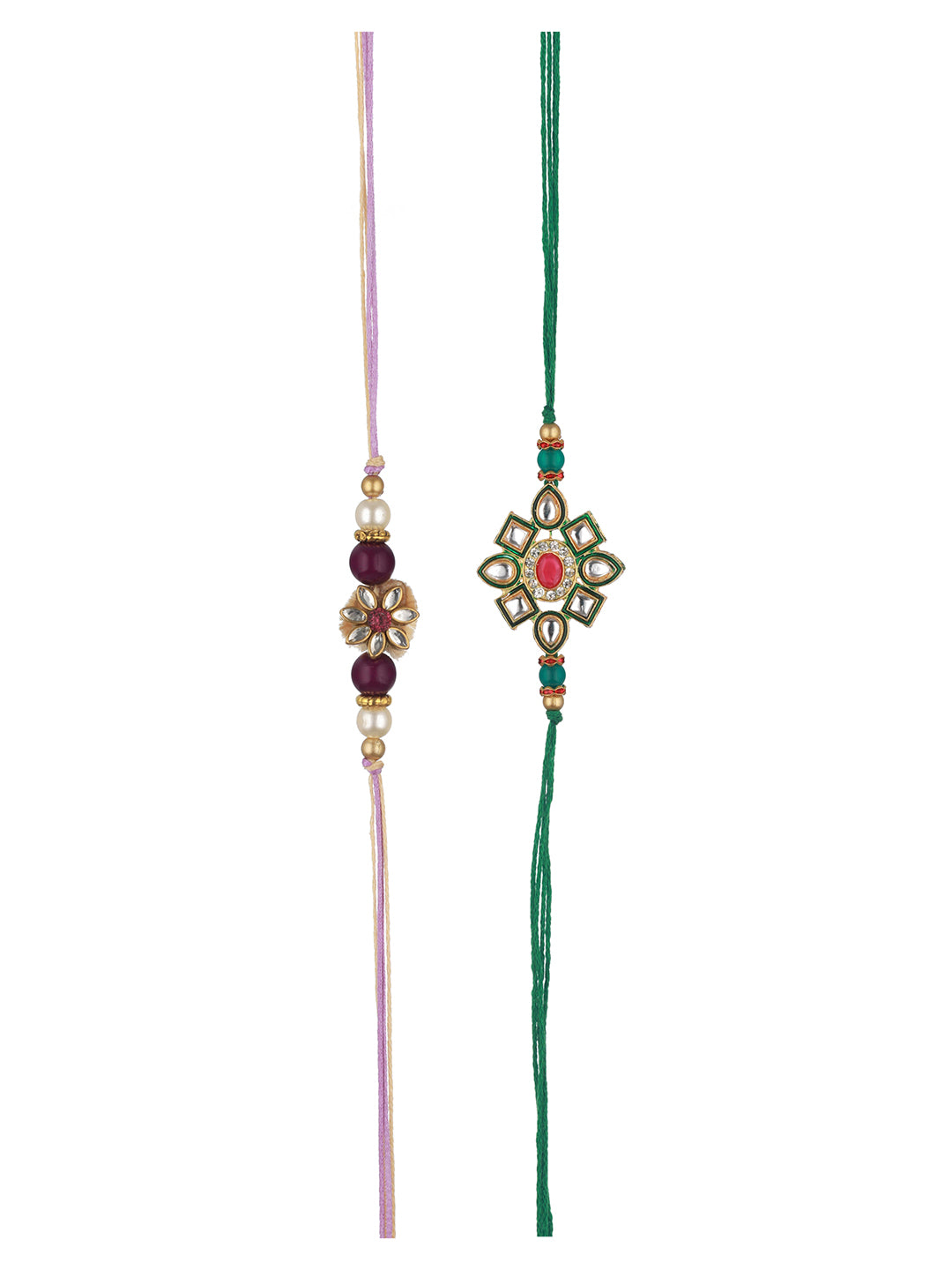 Set Of 2 Kundan & Pearl Beaded handcrafted Rakhi with Roli Chawal