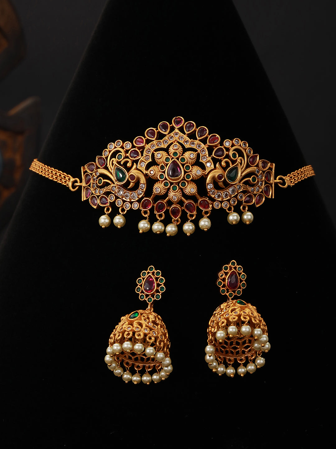 Gold plated Zircon  Studded Peacock Motif  Choker  Jewellery Set