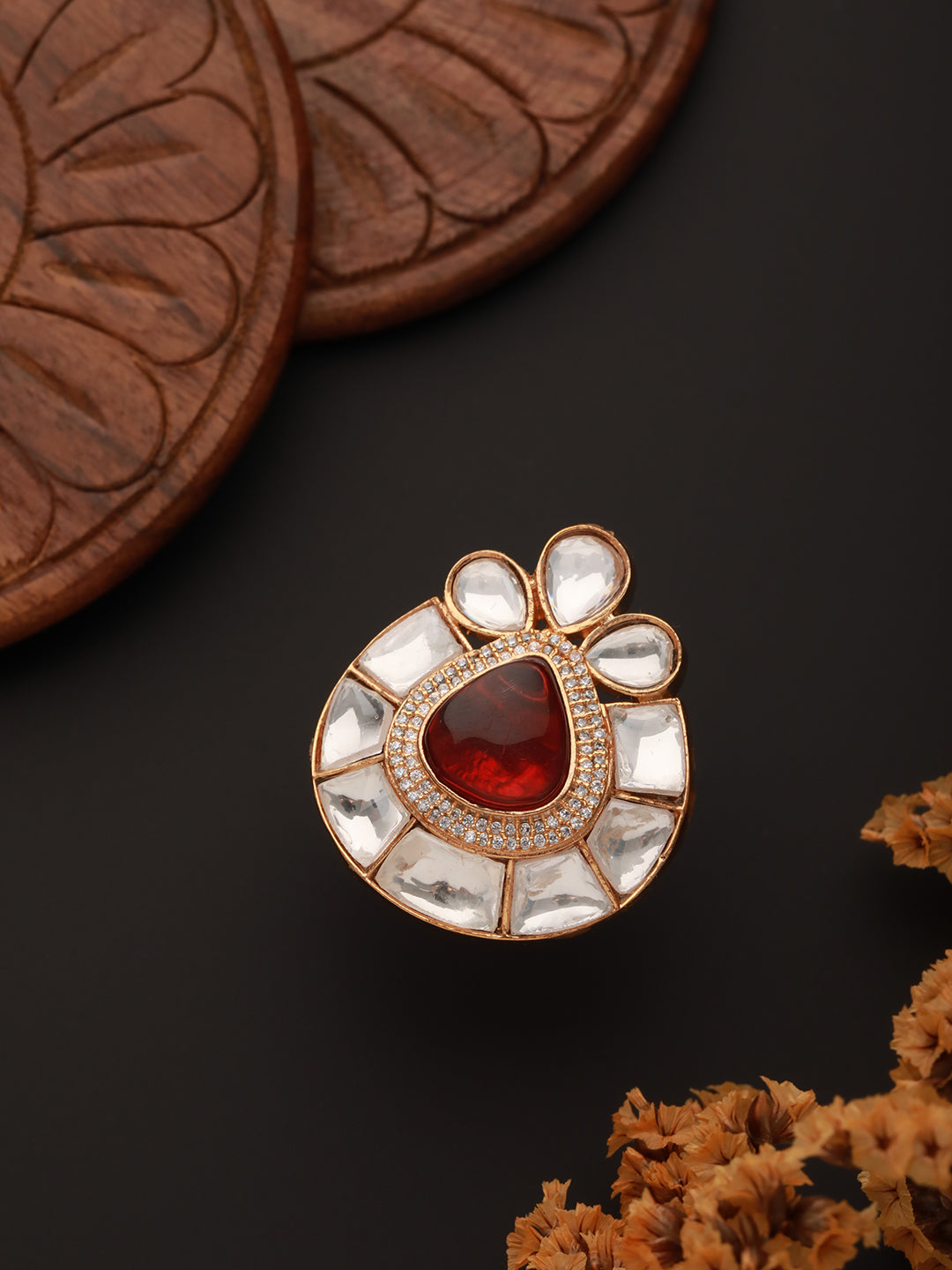 Gold Toned Red Polki Kundan Luxe Adjustable Engagement Finger Ring