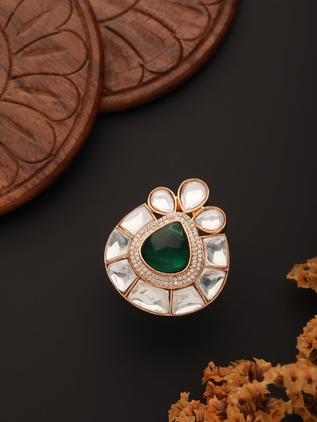 Gold Polish Green Polki Kundan Designer Adjustable Engagement Finger Ring