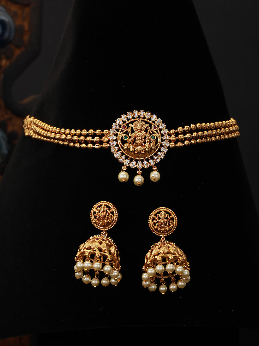 Gold Plated Zircon Studded Goddess Figure Choker  Jewellery Set