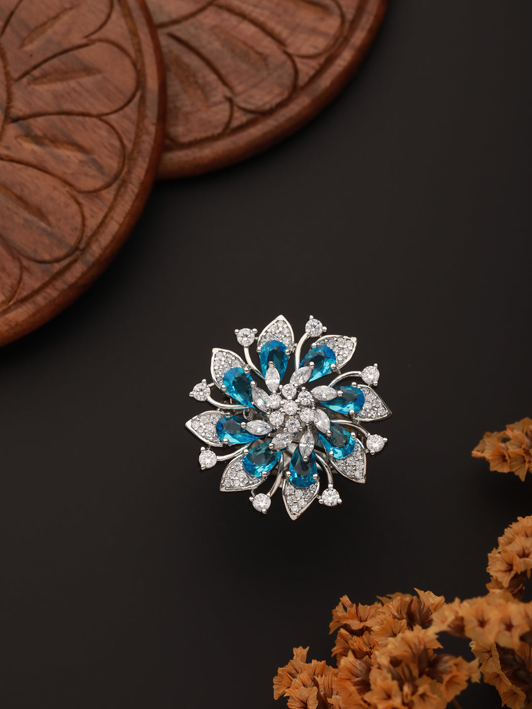 Silver Plated Aqua Blue AD Designer Adjustable Engagement Finger Ring