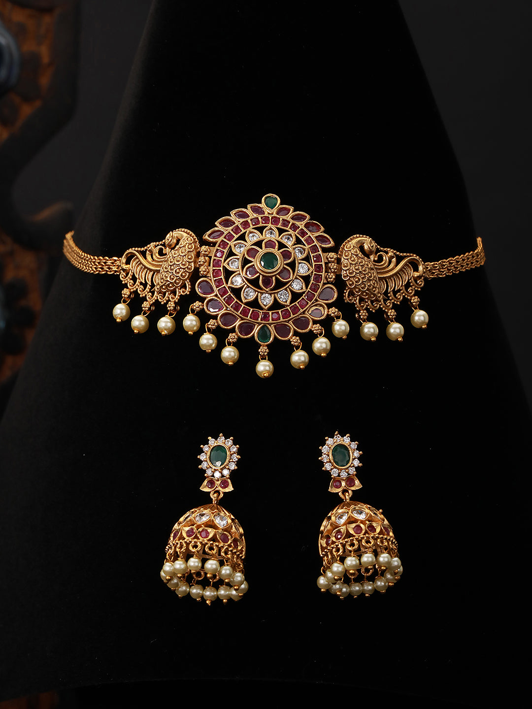 Gold Plated CZ Studded Floral Peacock  Choker  Jewellery Set