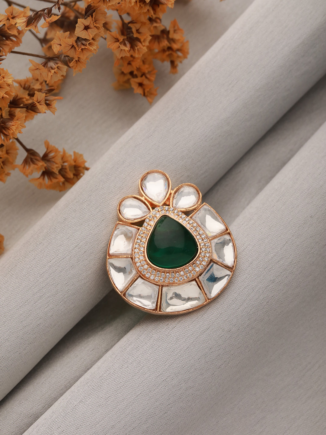 Gold Polish Green Polki Kundan Designer Adjustable Engagement Finger Ring