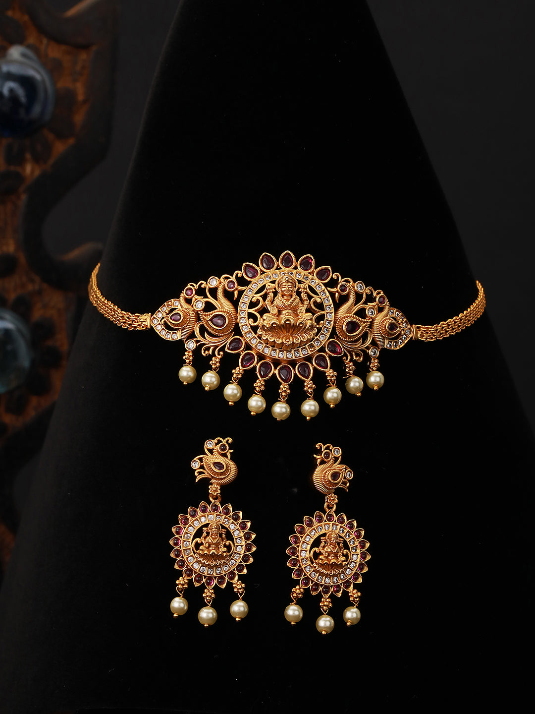 Gold Plated Kempo  Studded Goddedd Lakshmi Temple Choker  Jewellery Set