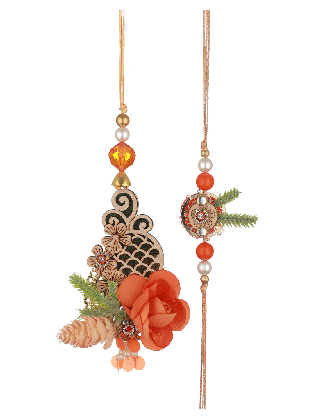 Orange Stones & pearl Beaded Handcrafted Lumba Rakhi Set With Roli Chawal