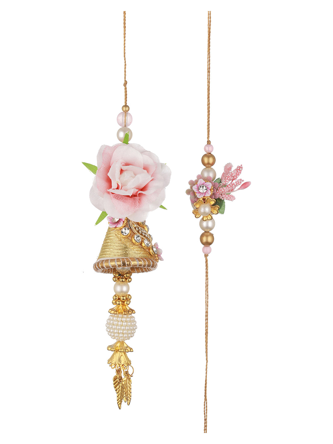 Set Of 2 Pink Flower & Pearl Beaded Handmade Rakhi Lumba Set