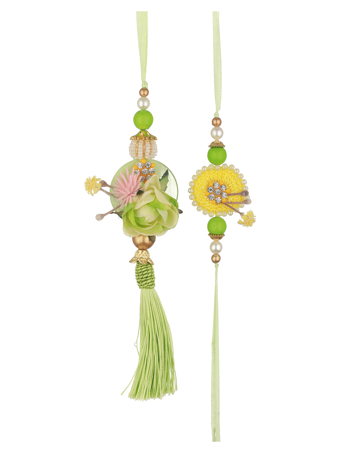 Green Stones & Pearl Beaded Handcrafted Rakhi Lumba Set with Roli Chawal