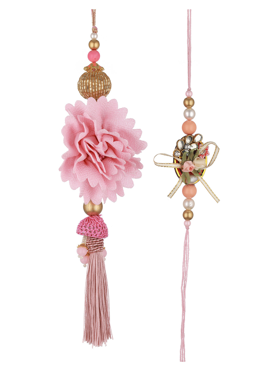 Pink Stones & Pearl Beaded Designer Handcrafted Rakhi Lumba Set