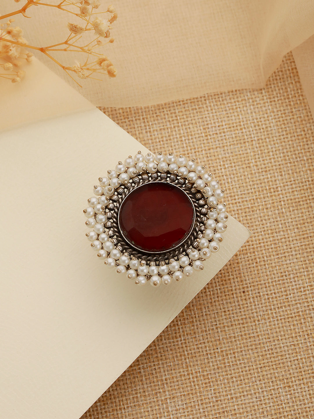 Silver Plated Oxidised Red Ruby Pearl Beaded Adjustable Finger  Ring