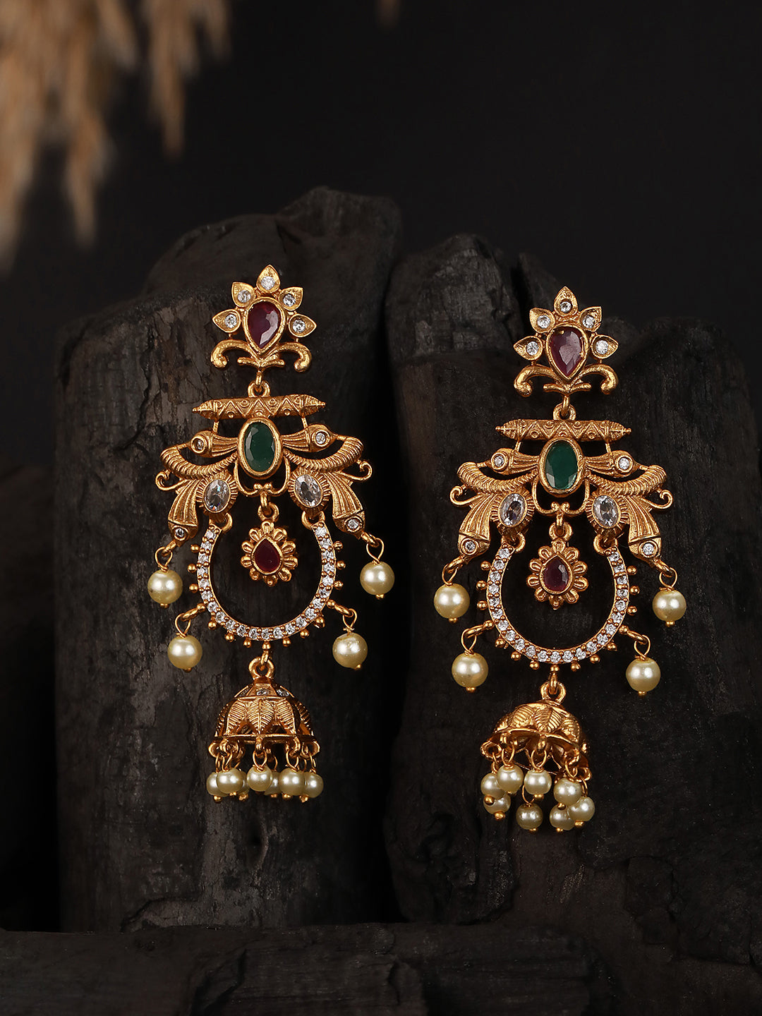 Gold Plated CZ Studded Floral Chandbali Earrings