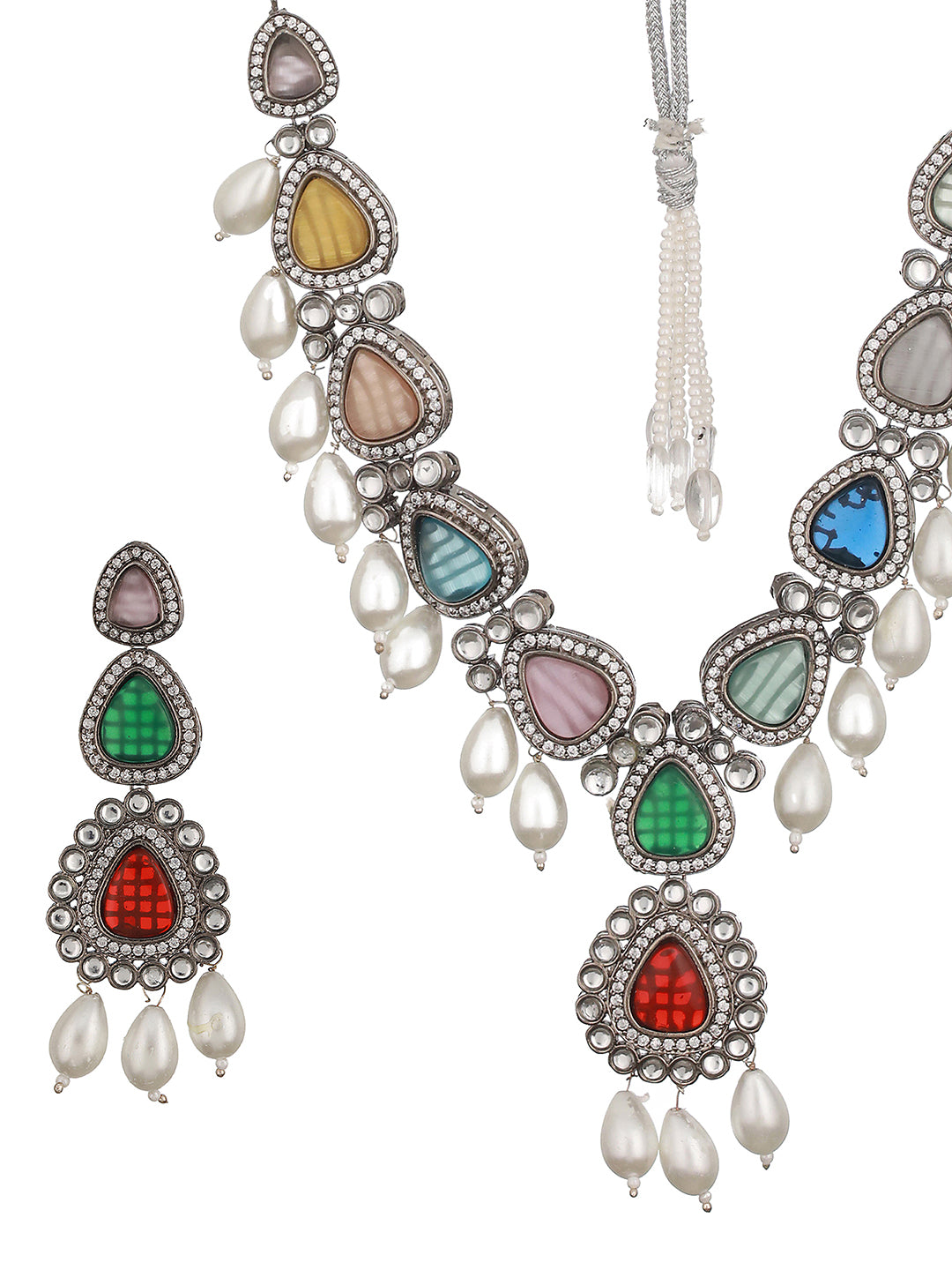 Silver Toned Multicolored Kundan & Pearl Beaded Designer  Jewellery Set