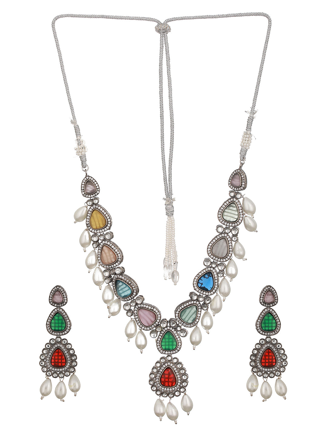 Silver Toned Multicolored Kundan & Pearl Beaded Designer  Jewellery Set