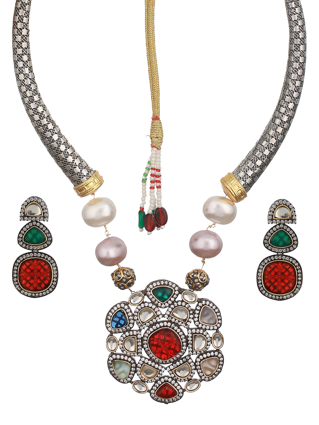 Silver Toned Multicoloured Kundan Designer Hasli Pendant Jewellery Set