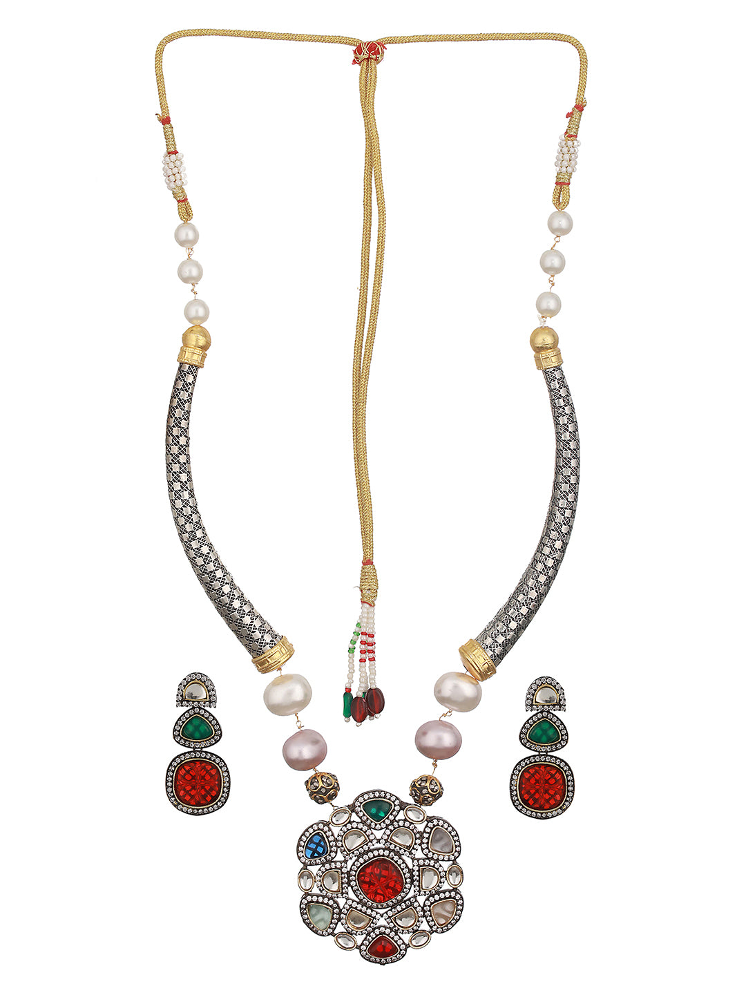 Silver Toned Multicoloured Kundan Designer Hasli Pendant Jewellery Set