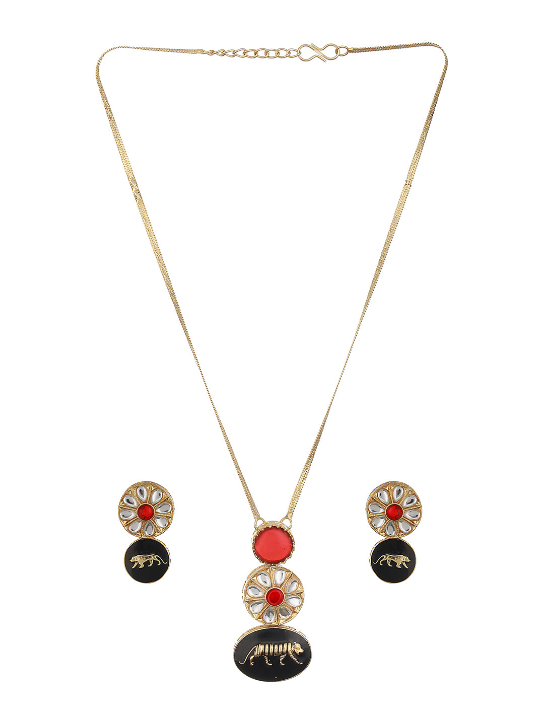 Gold Toned Red Kundan Lion Motif Locket Jewellery Set