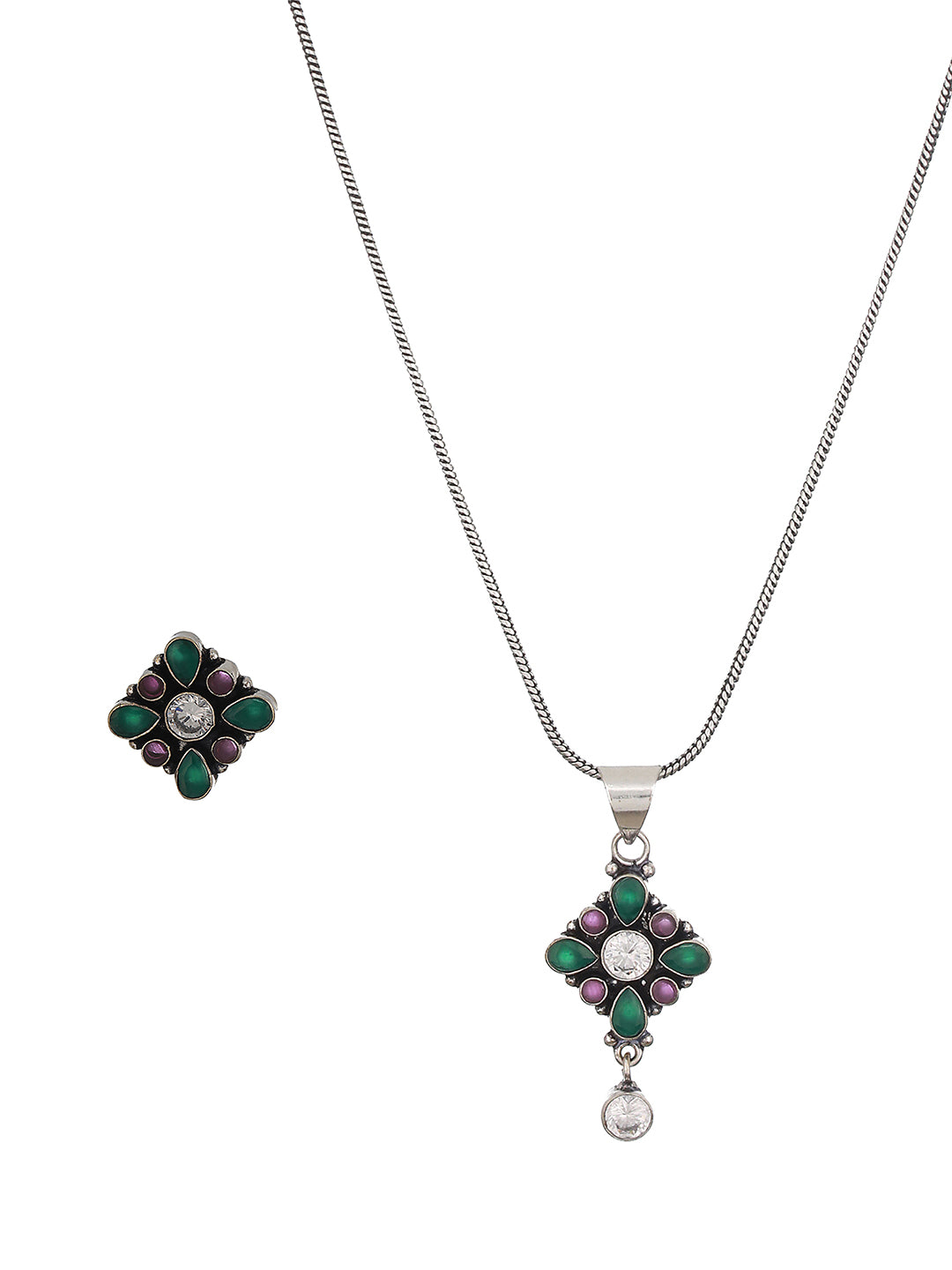 Silver Oxidised Red & Green Stones Minimal Officewear Locket  Jewellery Set